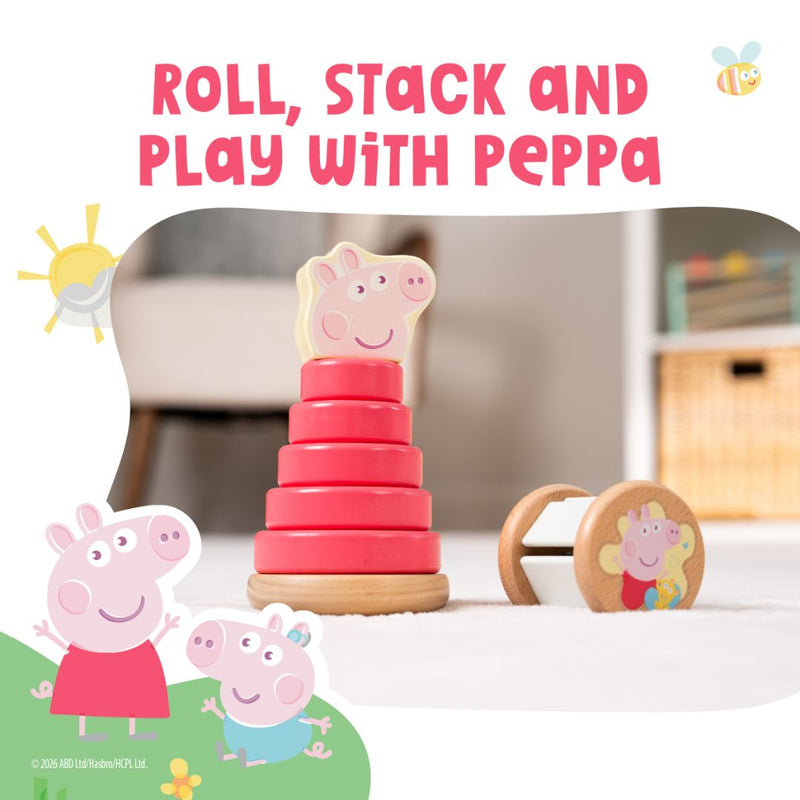 The TP Toys Grow with Peppa Pig Wooden Roller Rattle and Topple Tower Set includes a topple tower with red rings, a Peppa Pig figure, and a roller rattle toy, all displayed on a light surface.