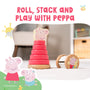 The TP Toys Grow with Peppa Pig Wooden Roller Rattle and Topple Tower Set includes a topple tower with red rings, a Peppa Pig figure, and a roller rattle toy, all displayed on a light surface.