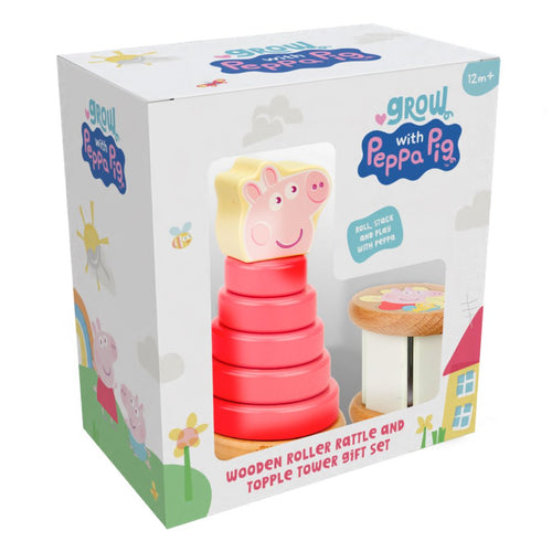 The TP Toys Grow with Peppa Pig Wooden Roller Rattle and Topple Tower Set is a boxed toy for ages 12 months+, featuring a roller rattle, topple tower, and Peppa Pig figure.