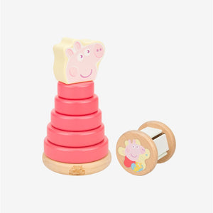 The Grow with Peppa Pig Wooden Roller Rattle and Topple Tower Set by TP Toys adds playful charm to your collection, showcasing a classic wooden stacking Topple Tower with red rings topped by a Peppa Pig figure, alongside a delightful Roller Rattle featuring an adorable Peppa Pig image. Both toys are displayed against a plain white background.