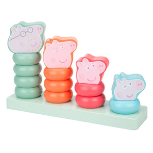 The TP Toys Grow with Peppa Pig Wooden Family Ring Stacker features four Peppa Pig character faces on colorful rings, stacked by size on a light green base—ideal for developing fine motor skills.
