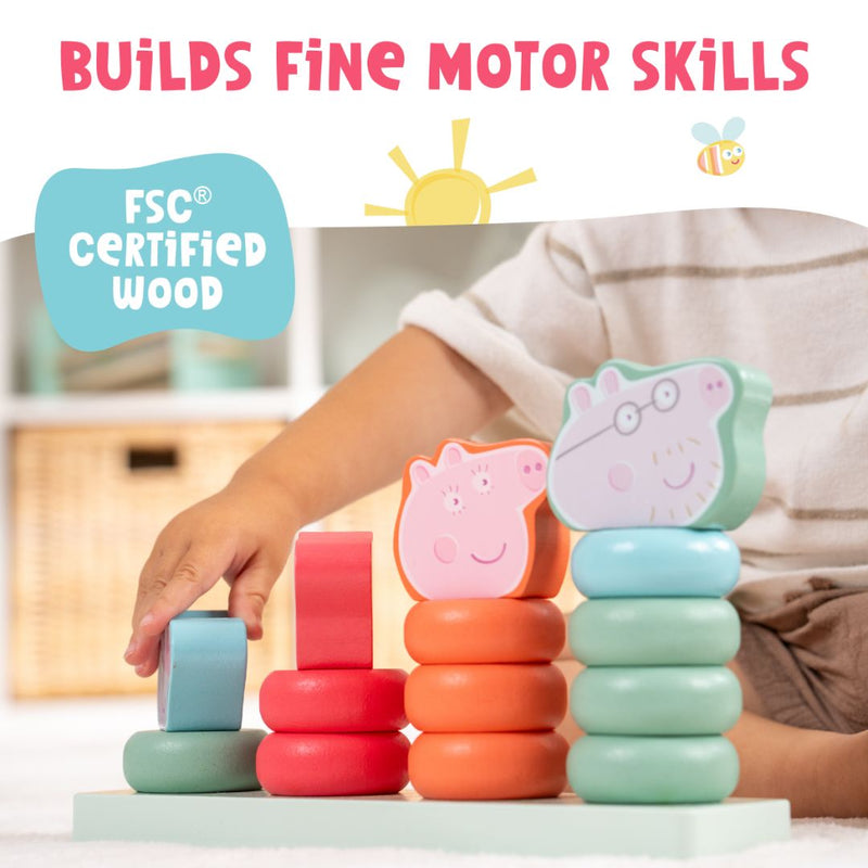 A child stacks colorful rings on the Grow with Peppa Pig Wooden Family Ring Stacker by TP Toys, featuring cartoon animal faces, FSC certified wood, and text reading Builds Fine Motor Skills.