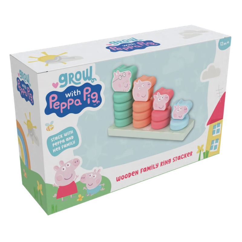 The TP Toys Grow with Peppa Pig Wooden Family Ring Stacker is a colorful stacking toy featuring Peppa Pig characters. It helps develop fine motor skills and is recommended for children aged 12 months and up.