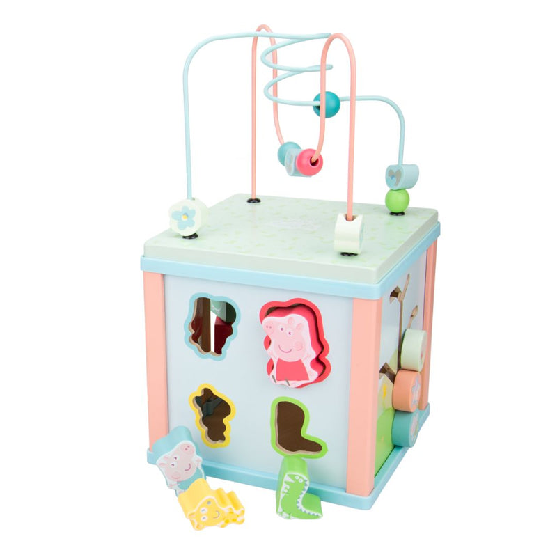 The TP Toys Grow with Peppa Pig Wooden Activity Cube features shape sorting, a bead maze, and animal-themed blocks to support sensory play and fine motor skills.