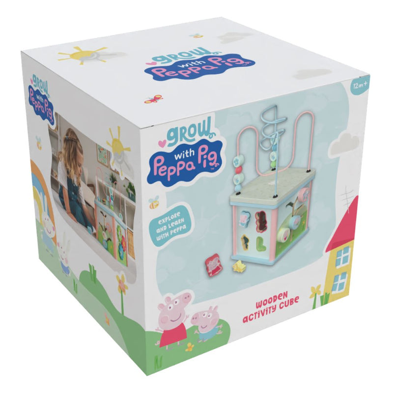 The TP Toys Grow with Peppa Pig Wooden Activity Cube engages children 12 months+ with interactive features and Peppa illustrations, promoting fine motor skills and sensory exploration.
