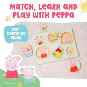 The Grow with Peppa Pig Wooden Puzzle Set by TP Toys features character pieces and “Match, Learn and Play with Peppa” text. Made from FSC certified wood on a beige background, it helps boost hand-eye coordination and fine motor skills.