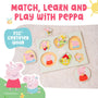 The Grow with Peppa Pig Wooden Puzzle Set by TP Toys features character pieces and “Match, Learn and Play with Peppa” text. Made from FSC certified wood on a beige background, it helps boost hand-eye coordination and fine motor skills.