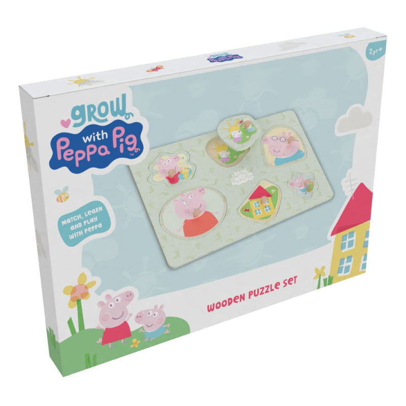 The TP Toys Grow with Peppa Pig Wooden Puzzle Set helps children aged 2+ develop hand-eye coordination and fine motor skills as they match favorite Peppa Pig characters.