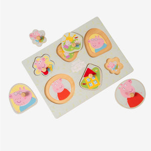 The Grow with Peppa Pig Wooden Puzzle Set by TP Toys features beloved characters and shapes from Peppa Pig, with removable pieces that can be placed around the board—perfect for helping young children develop fine motor skills and hand-eye coordination.
