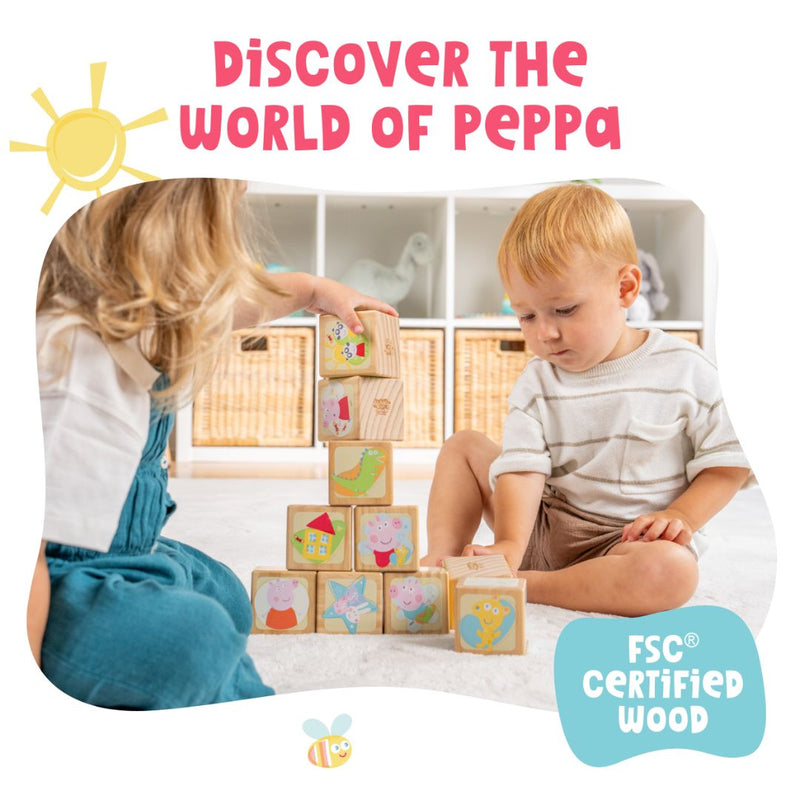 Two children play on the floor with the Grow with Peppa Pig 10 Piece Wooden Block Set by TP Toys. Text reads: Discover the World of Peppa and FSC Certified Wood.