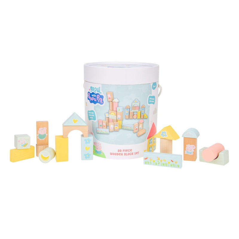 The TP Toys Grow with Peppa Pig 80 Piece Wooden Block Set includes colorful, uniquely shaped Peppa Pig blocks in a cylindrical storage container—perfect for encouraging fine motor skills.