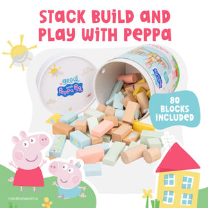 The TP Toys Grow with Peppa Pig 80 Piece Wooden Block Set is shown open with blocks spilling out, featuring vibrant Peppa Pig graphics and encouraging fine motor skills development.