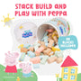 The TP Toys Grow with Peppa Pig 80 Piece Wooden Block Set is shown open with blocks spilling out, featuring vibrant Peppa Pig graphics and encouraging fine motor skills development.