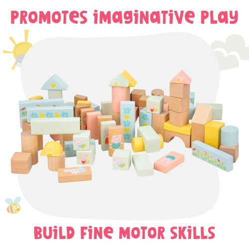 The TP Toys Grow with Peppa Pig 80 Piece Wooden Block Set features vibrant blocks in different shapes and sizes, encouraging imaginative play and helping develop fine motor skills.