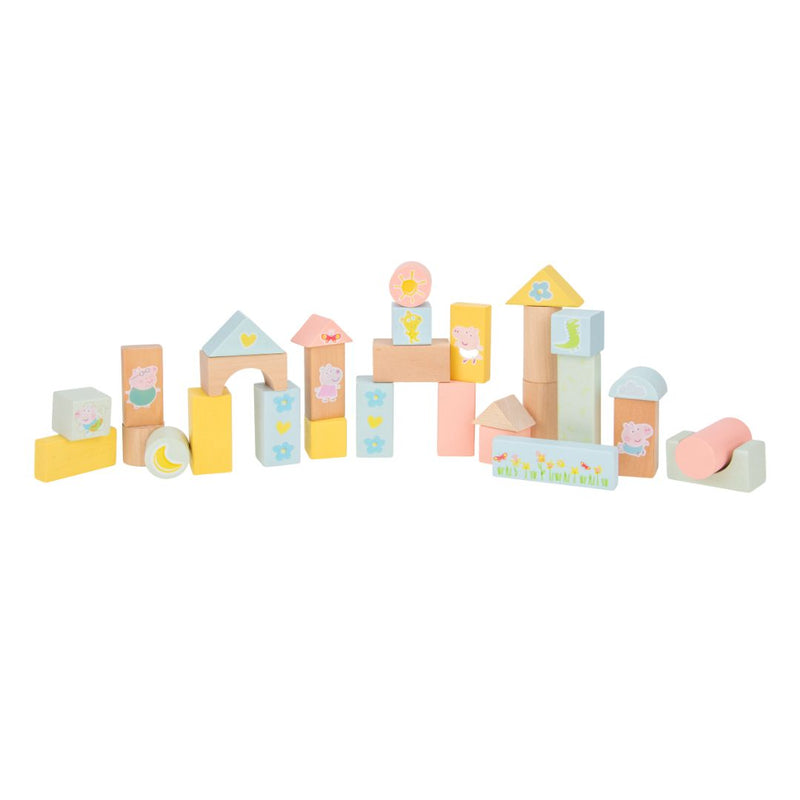 The TP Toys Grow with Peppa Pig 80 Piece Wooden Block Set features pastel-colored blocks in various shapes and prints, arranged in a row—ideal for boosting fine motor skills.