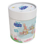 The TP Toys Grow with Peppa Pig 80 Piece Wooden Block Set comes in a round container, featuring Peppa Pig building blocks and packaging images—ideal for developing fine motor skills through creative play.