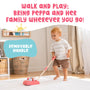 A toddler pushes the Grow with Peppa Pig Wooden Push Along Family Car by TP Toys in a bright room. Text reads: Walk and play—take Peppa and her family along! Includes wooden characters and a removable handle.