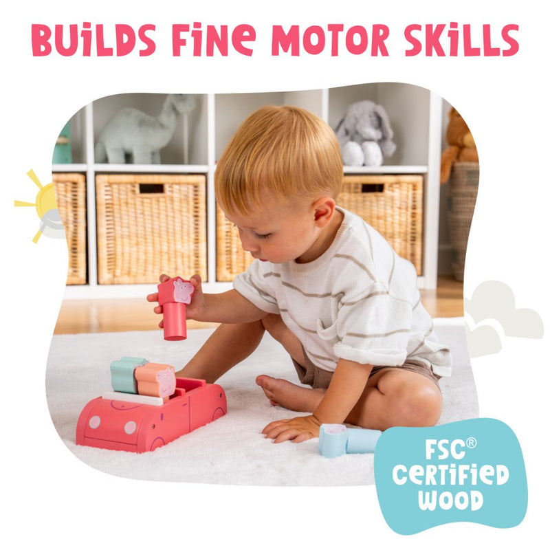 A young child plays on the floor with the TP Toys Grow with Peppa Pig Wooden Push Along Family Car, made from FSC Certified Wood. Text reads: Builds fine motor skills.