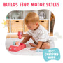 A young child plays on the floor with the TP Toys Grow with Peppa Pig Wooden Push Along Family Car, made from FSC Certified Wood. Text reads: Builds fine motor skills.
