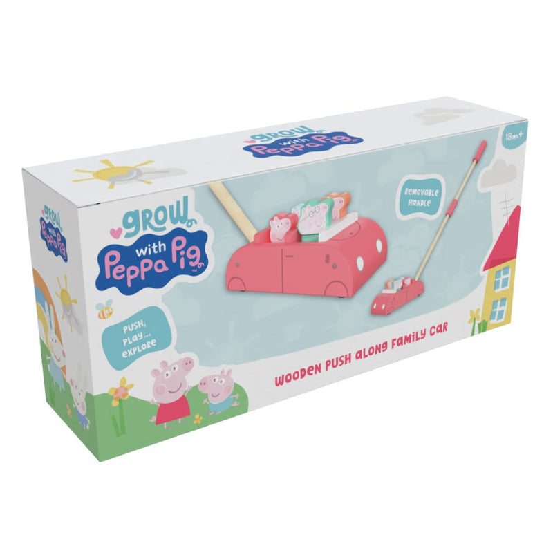 The TP Toys Grow with Peppa Pig Wooden Push Along Family Car includes wooden Peppa Pig figures and a removable handle. Suitable for children aged 18 months and up.