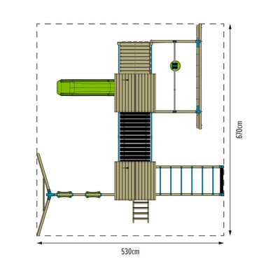 Top-down diagram of the TP Toys TP Skywood Wooden Climbing Frame, featuring extra play tower, sky deck, flying fox, monkey bars, double swing arm & slide in a 530 cm x 670 cm rectangular area. FSC® certified.