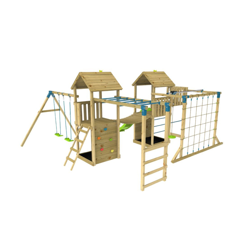 The TP Toys TP Skywood Wooden Climbing Frame features an extra play tower, sky deck, skyline with flying fox, monkey bars, double swing arm, and slide. FSC® certified.