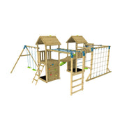 The TP Toys TP Skywood Wooden Climbing Frame features an extra play tower, sky deck, skyline with flying fox, monkey bars, double swing arm, and slide. FSC® certified.