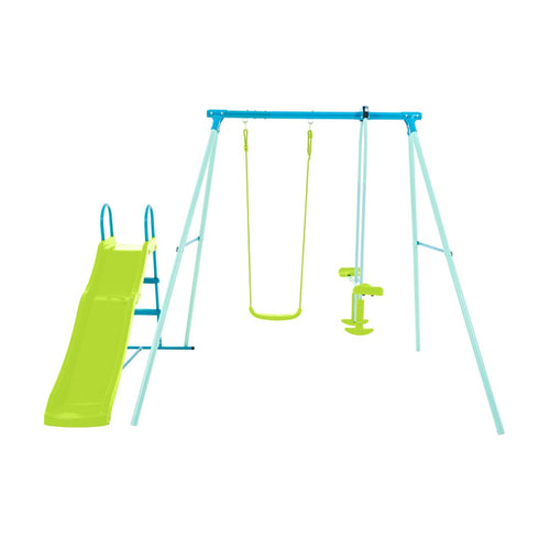 The TP Toys TP Metal Swing Slide & Glide includes a green slide, green swing, and blue-green seesaw on a strong metal frame—an ideal outdoor playset for hours of fun.
