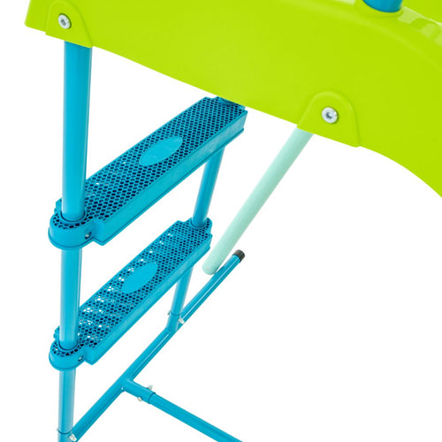 Close-up of a blue and green metal ladder with two perforated steps, part of the TP Metal Swing Slide & Glide by TP Toys.