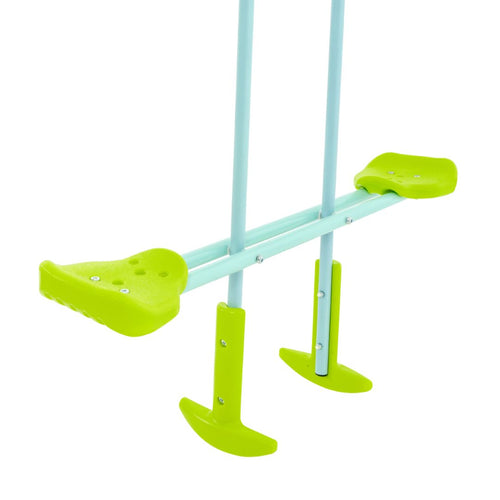 The TP Toys TP Metal Swing Slide & Glide features a green and light blue seesaw rocker with two seats and footrests, ideal for childrens garden playsets.