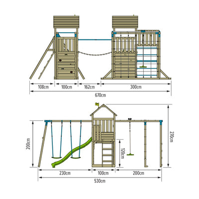 Diagram of the TP Toys TP Skywood Wooden Climbing Frame set, featuring extra play tower, sky deck, flying fox, monkey bars, double swing arm & slide; front and side views shown with dimensions in centimeters. FSC® certified.