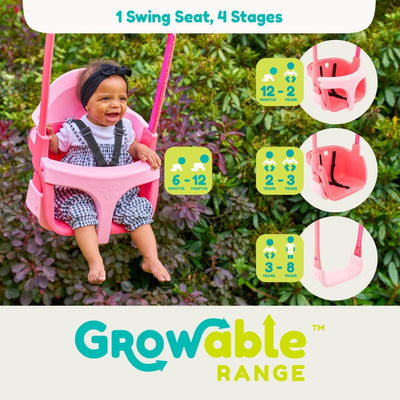 A smiling toddler sits in a pink TP Quadpod® Baby Swing Seat by TP Toys outdoors. This adjustable swing grows with your child, suitable from 6 months to 8 years. The image displays the text: Growable Range.