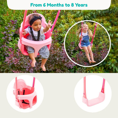 Two children use the TP Toys TP Quadpod® Pink Baby Swing Seat: a baby sits securely while an older girl enjoys the adjustable seat. Close-ups show both designs. Text reads: For ages 6 months to 8 years—its the perfect grow-with-me swing!.