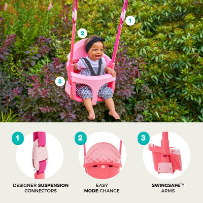 A baby sits outdoors in a TP Toys TP Quadpod® Pink Baby Swing Seat. Close-up images show its adjustable seat, mode change feature, and Swingsafe™ arms—ideal for a grow-with-me swing experience.
