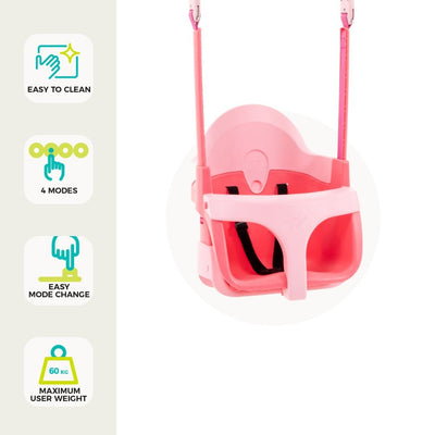 The TP Toys TP Quadpod® Pink Baby Swing Seat features an adjustable design with a safety harness and ropes, offers 4 easy-change modes, holds up to 60 kg, is simple to clean, and grows with your child from baby to older kids.