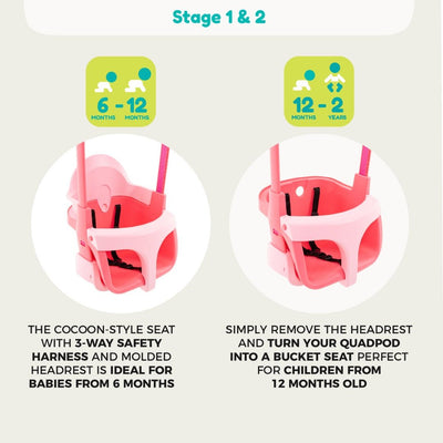 Two pink baby seats are shown: the TP Toys TP Quadpod® Pink Baby Swing Seat with headrest and harness for ages 6–12 months, and a grow-with-me baby swing without headrest for ages 12 months to 2 years.