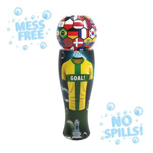 Introducing The Unspillable Bubbles – Football Edition by TP Toys: a spill-proof sports bottle designed like a soccer jersey, topped with a ball-shaped lid adorned with international flags. Surrounded by bold “MESS FREE” and “NO SPILLS!” text and playful illustrated bubbles, it’s the perfect no-spill bubble tube for active kids who love football-themed bubble toys.