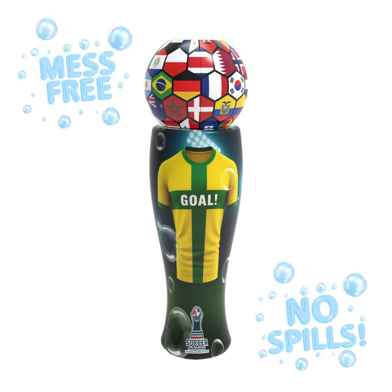 Introducing The Unspillable Bubbles – Football Edition by TP Toys: a spill-proof sports bottle designed like a soccer jersey, topped with a ball-shaped lid adorned with international flags. Surrounded by bold “MESS FREE” and “NO SPILLS!” text and playful illustrated bubbles, it’s the perfect no-spill bubble tube for active kids who love football-themed bubble toys.