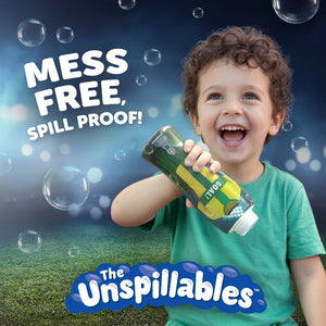 A smiling child holds a tilted bubble tube upside down, with no spills in sight. Text reads: Mess Free, Spill Proof! The Unspillable Bubbles – Football Edition by TP Toys. Bubbles float in the background—enjoy endless play without the mess thanks to our unspillable bubbles and no-spill bubble tube.