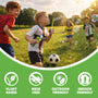 Four children play with bubbles and a soccer ball on the grass in a park, having fun with TP Toys’ The Unspillable Bubbles – Football Edition. Icons below highlight that this plant-based product offers mess-free, unspillable bubbles in a no-spill tube and is perfect for both indoor and outdoor play.
