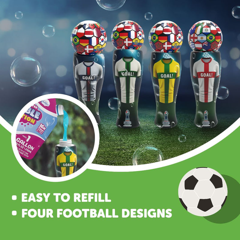 Four football-themed drink bottles with ball-shaped caps decorated with flags, displayed on grass. An inset shows a blue liquid being poured into one of the bottles. Inspired by football bubble toy designs, The Unspillable Bubbles – Football Edition from TP Toys features easy-to-refill, no-spill bubble tube caps and comes in four unique football designs.