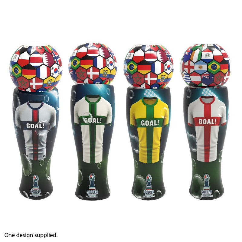 TP Toys’ The Unspillable Bubbles – Football Edition includes four bubble toy bottles with ball-shaped caps featuring a variety of flags. Each bottle displays a unique soccer jersey design and the word “GOAL!” on the front. A special no-spill bubble tube ensures easy, mess-free play for hours of fun. Text reads: One design supplied.