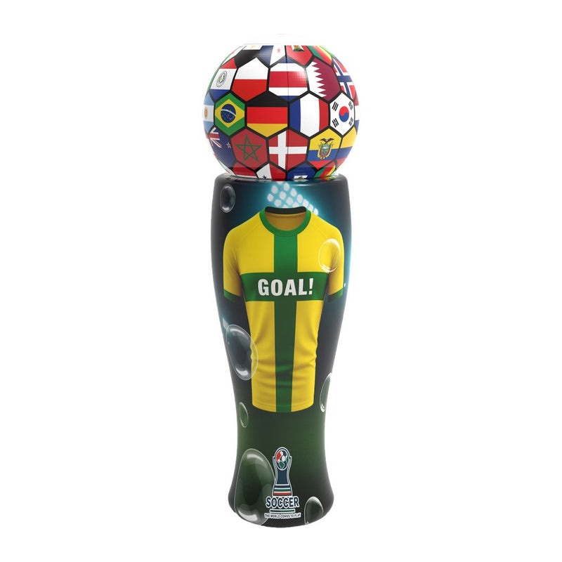 Introducing The Unspillable Bubbles – Football Edition by TP Toys: This playful bubble toy features a bottle with a soccer ball cap decorated with flags from around the world, plus a vibrant yellow and green jersey design labeled “GOAL!” on the body. Its innovative no-spill bubble tube ensures hours of mess-free football-themed fun.