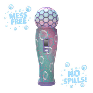 Introducing The Unspillable Bubbles – Popstar Edition by TP Toys: a colorful bubble-blowing toy featuring a hexagonal-patterned top and playful bubble illustrations, with bold text proclaiming MESS FREE and NO SPILLS!—perfect for hassle-free bubble fun.