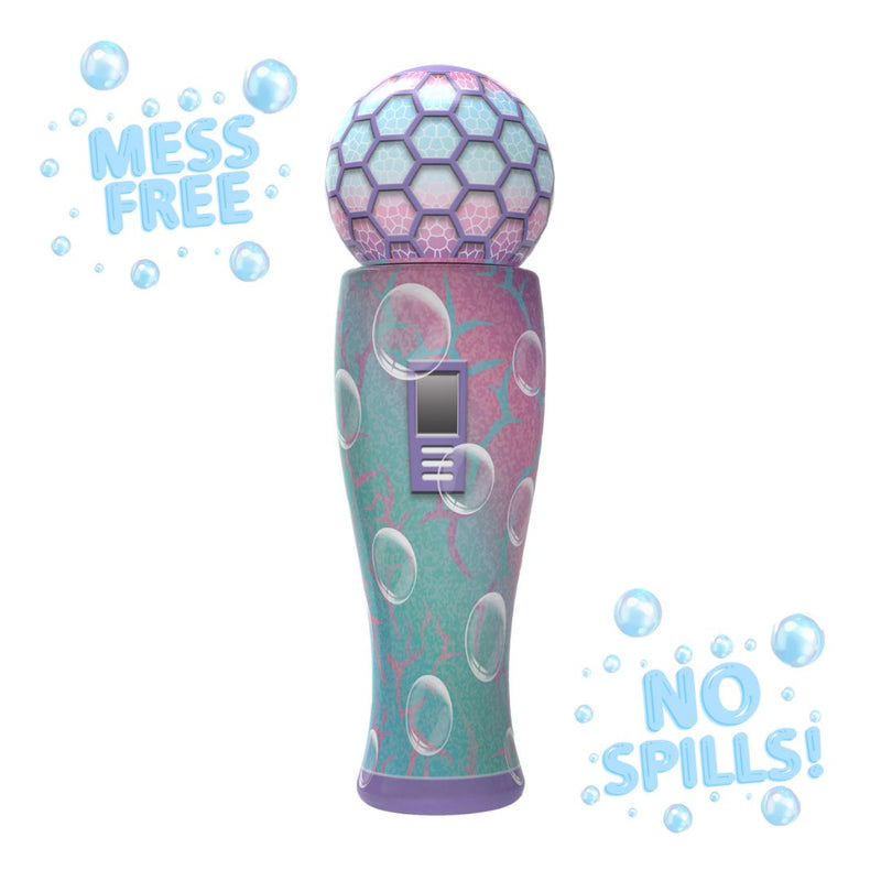 Introducing The Unspillable Bubbles – Popstar Edition by TP Toys: a colorful bubble-blowing toy featuring a hexagonal-patterned top and playful bubble illustrations, with bold text proclaiming MESS FREE and NO SPILLS!—perfect for hassle-free bubble fun.