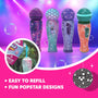 Four vibrant The Unspillable Bubbles – Popstar Edition bubble tubes from TP Toys, each featuring unique popstar-inspired designs, are showcased on stage. The caption emphasizes their easy-refill feature and mess-free, no-spill bubble play. A sparkling disco ball and a convenient refill pouch complete the scene, making these TP Toys Popstar Edition bubbles the perfect addition to any party for endless unspillable fun.