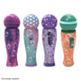 Four colorful toy microphones from TP Toys, called The Unspillable Bubbles – Popstar Edition, are shown standing upright in a row against a white background, each featuring unique patterns and designs for mess-free bubble fun perfect for aspiring singers.