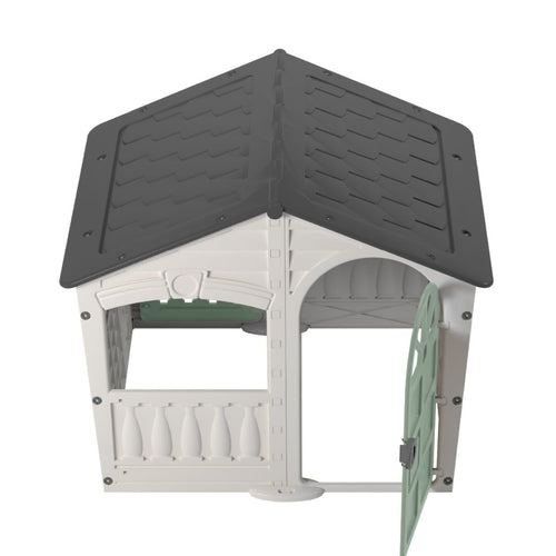 The TP Toys Palplay Plastic Playhouse of Fun Snowdrift features white walls, a gray shingled roof, green door, and open window—ideal for outdoor imaginative play and shown from above.