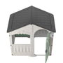 The TP Toys Palplay Plastic Playhouse of Fun Snowdrift features white walls, a gray shingled roof, green door, and open window—ideal for outdoor imaginative play and shown from above.