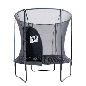 The TP Toys Genius® 8ft Round Trampoline is a black trampoline with metal legs, safety net enclosure, and zippered entrance, designed for safe bouncing.